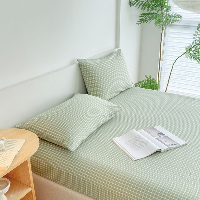 91家纺网 家纺一手货源 找家纺 慕莎家纺 2024新款亲肤水洗色织床笠三件套 绿粉格