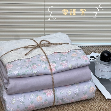 91家纺网 家纺一手货源 找家纺 （总）2024新款全棉印花双层纱四件套--蕾丝花边款