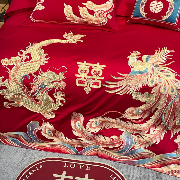 91家纺网 家纺一手货源 找家纺 用心 2024年新款双面磨毛绣花婚庆四件套龙凤唐朝