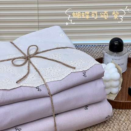 91家纺网 家纺一手货源 找家纺 2024新款全棉印花双层纱四件套--蕾丝花边款 蝴蝶可颂 紫