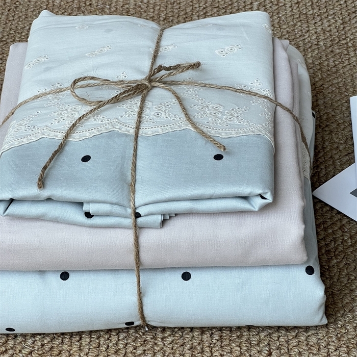 91家纺网 家纺一手货源 找家纺 2024新款全棉印花双层纱四件套--蕾丝花边款 海盐拿铁