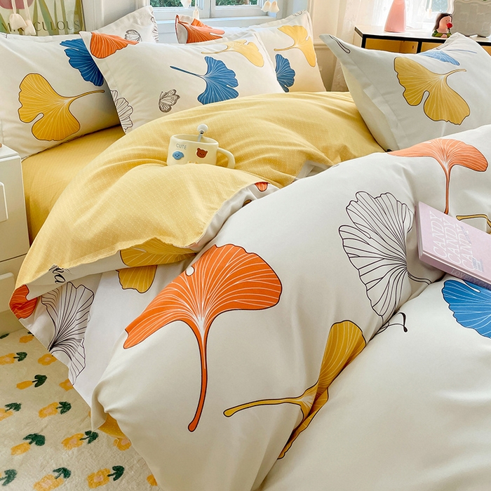 91家纺网 家纺一手货源 找家纺 世爵家纺 2025新款亲肤印花磨毛四件套 银杏叶