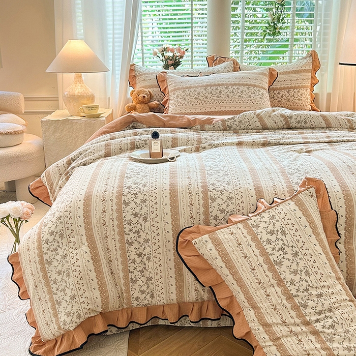 91家纺网 家纺一手货源 找家纺 韩约家纺 2025新款1针织棉皱皱纱床单款夏凉被春秋被冬被四件套 陌上花