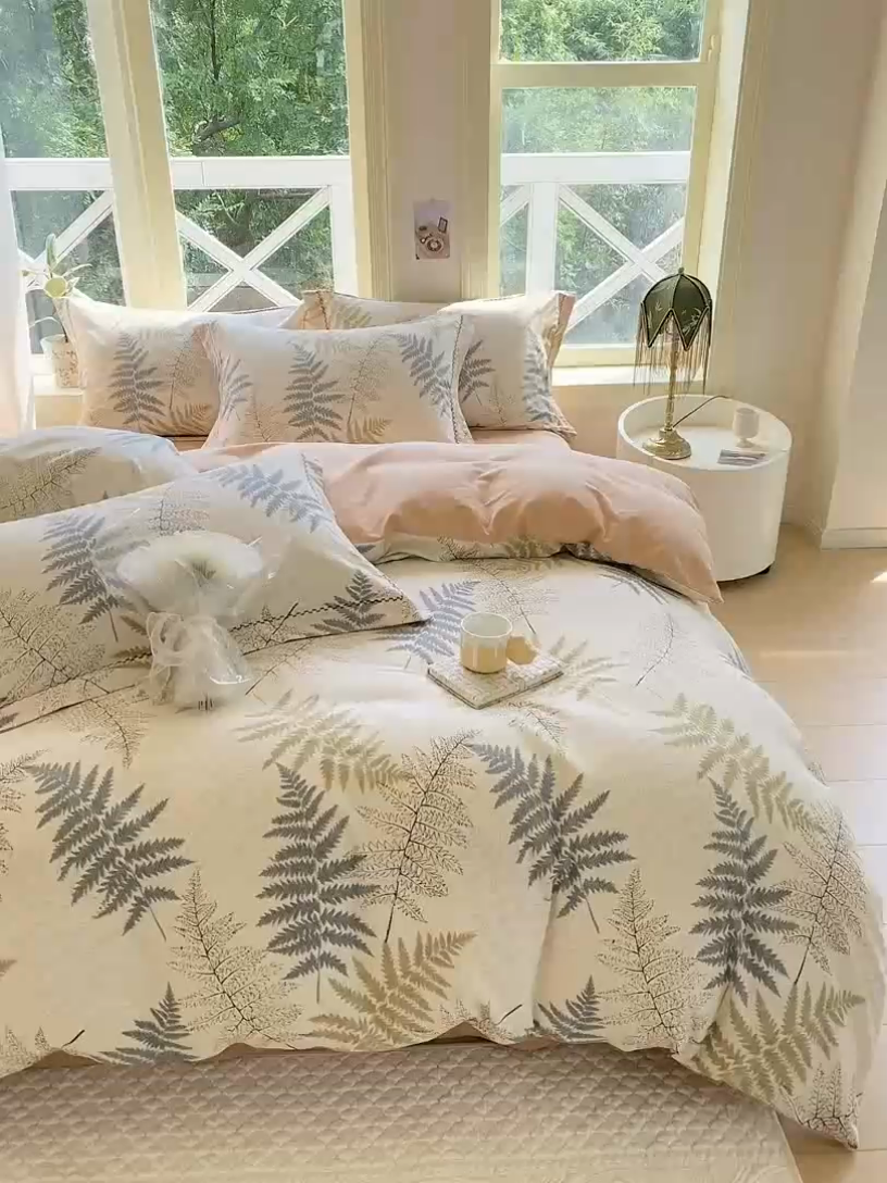 91家纺网 家纺一手货源 找家纺 宜家坊 2024秋冬新款全棉超柔加厚生态磨毛四件套 叶语柔情