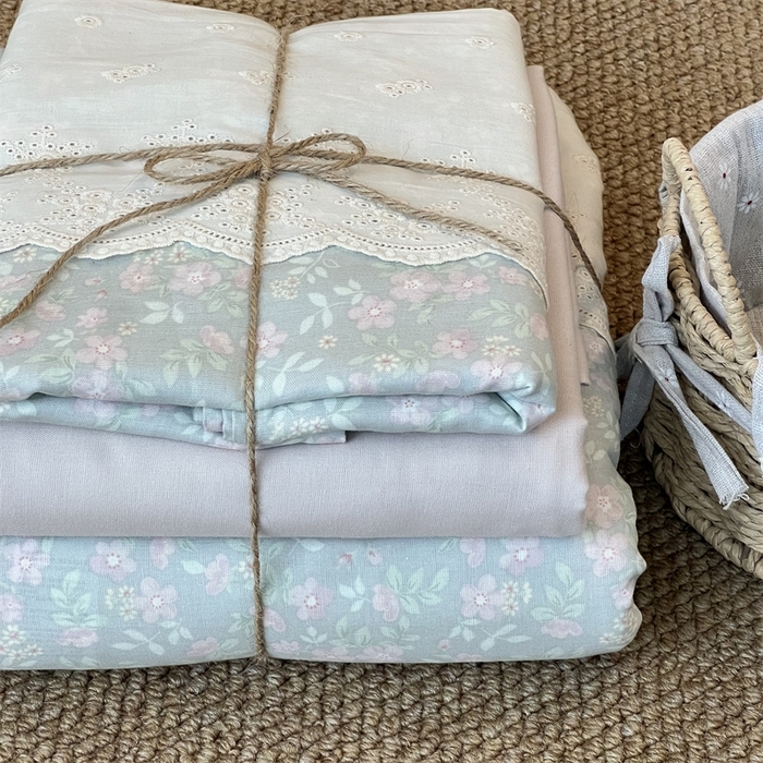 91家纺网 家纺一手货源 找家纺 2024新款全棉印花双层纱四件套--蕾丝花边款 枚栀