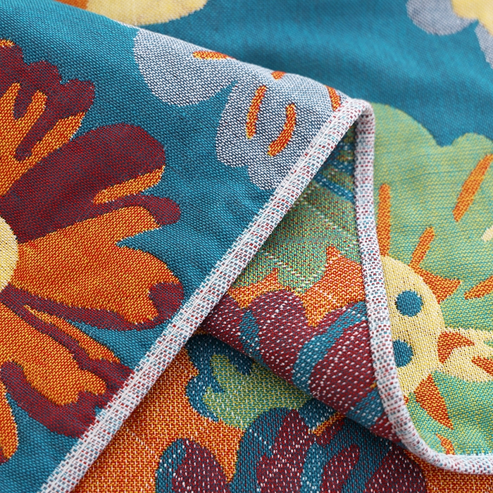 91家纺网 家纺一手货源 找家纺 朴尔家纺-毛巾被 2024新款色织定位提花纯棉四层纱布枕巾 油画花园-蓝