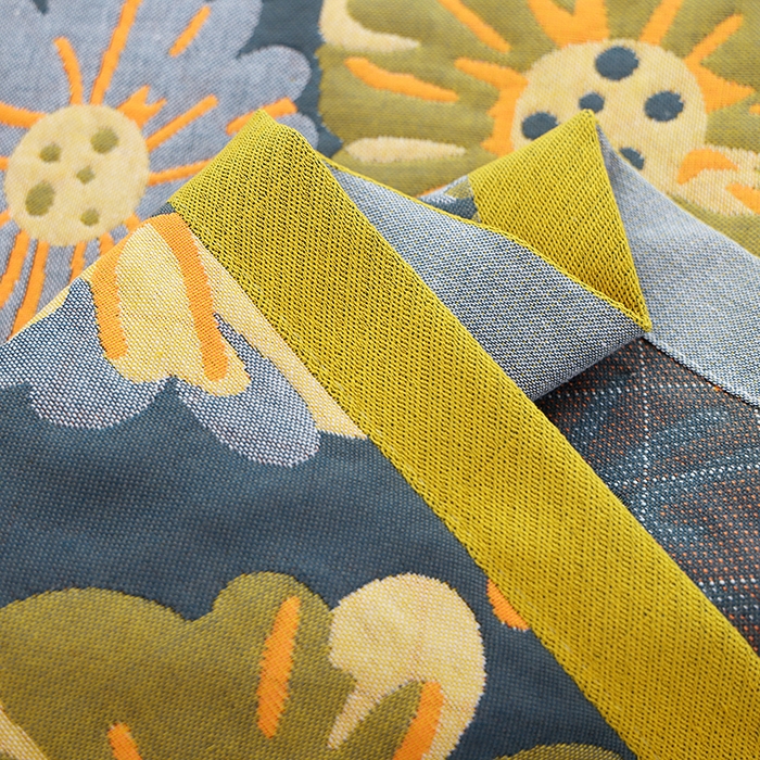 91家纺网 家纺一手货源 找家纺 朴尔家纺-毛巾被 2024新款色织定位提花纯棉四层纱布枕巾 油画花园-藏青