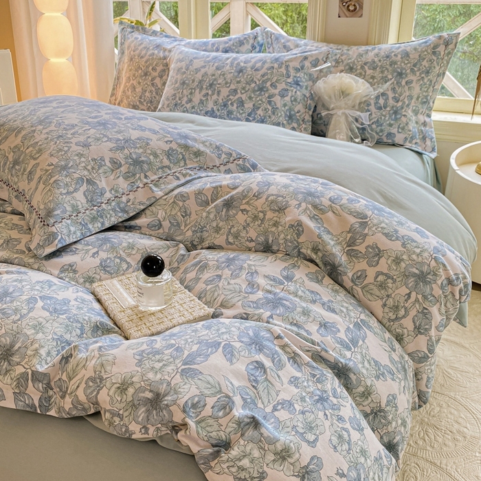 91家纺网 家纺一手货源 找家纺 宜家坊 2024秋冬新款全棉超柔加厚生态磨毛四件套 轻轻丝语-蓝