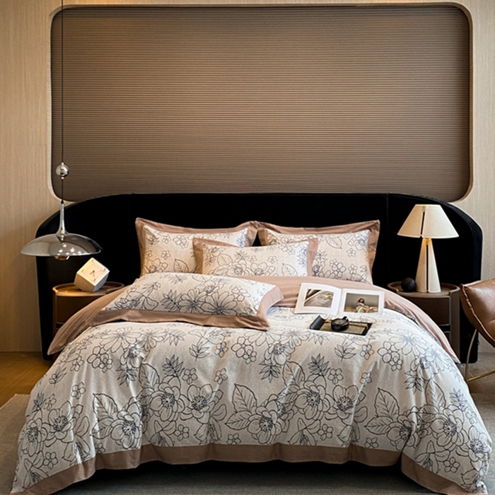 91家纺网 家纺一手货源 找家纺 慕晨 2024新款A类全棉贡缎磨毛数码印花高级宽边简奢款中高端四件套直播爆款 茉娜