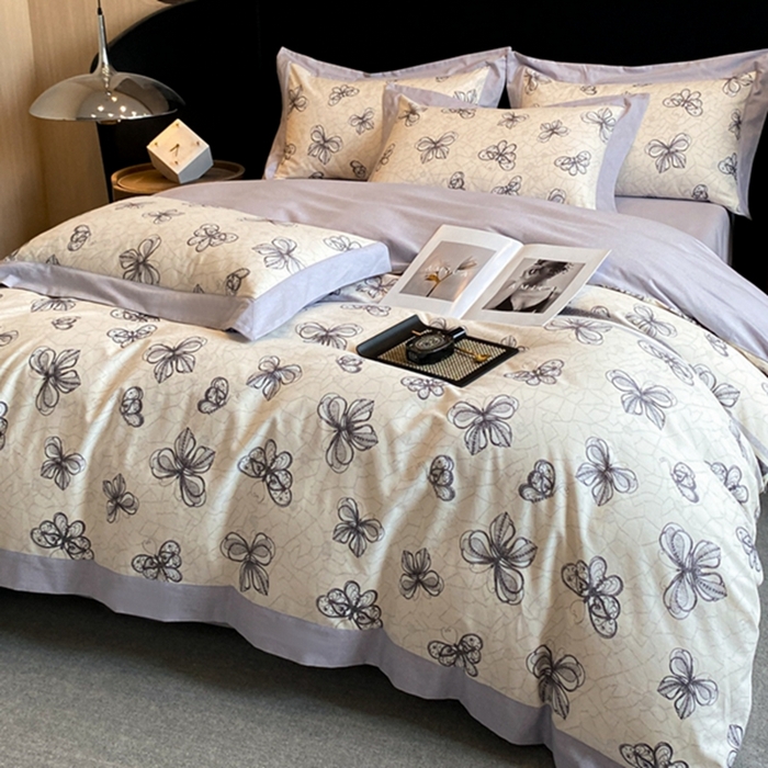 91家纺网 家纺一手货源 找家纺 慕晨 2024新款A类全棉贡缎磨毛数码印花高级宽边简奢款中高端四件套直播爆款 淡雅华花