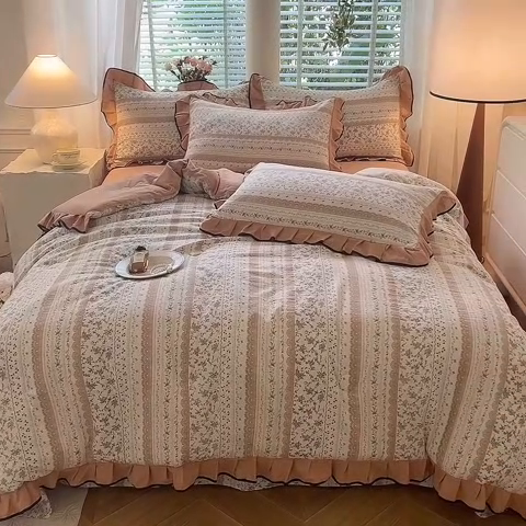 91家纺网 家纺一手货源 找家纺 韩约家纺 2025新款1针织棉皱皱纱床单款夏凉被春秋被冬被四件套 陌上花