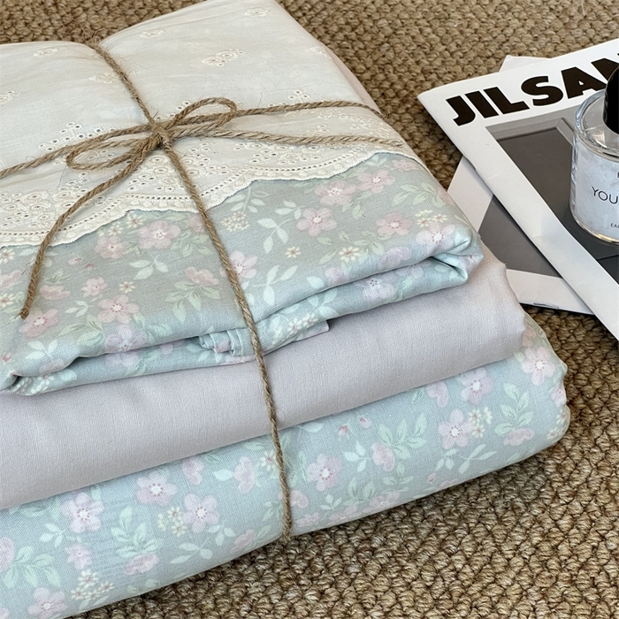 91家纺网 家纺一手货源 找家纺 2024新款全棉印花双层纱四件套--蕾丝花边款 枚栀