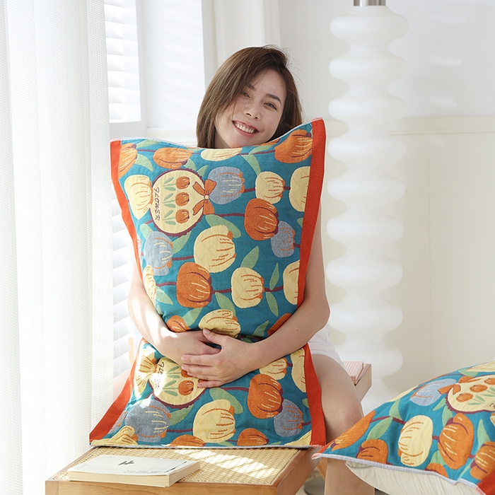 91家纺网 家纺一手货源 找家纺 朴尔家纺-毛巾被 2024新款色织定位提花纯棉四层纱布枕巾 浪漫郁金香-蓝