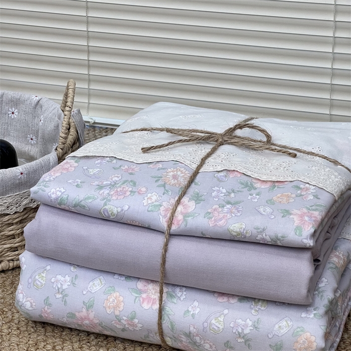 91家纺网 家纺一手货源 找家纺 2024新款全棉印花双层纱四件套--蕾丝花边款 栗馥 紫