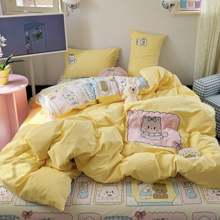 91家纺网 家纺一手货源 找家纺 （总）柚子 2024新款全棉水洗印加绣小可爱四件套