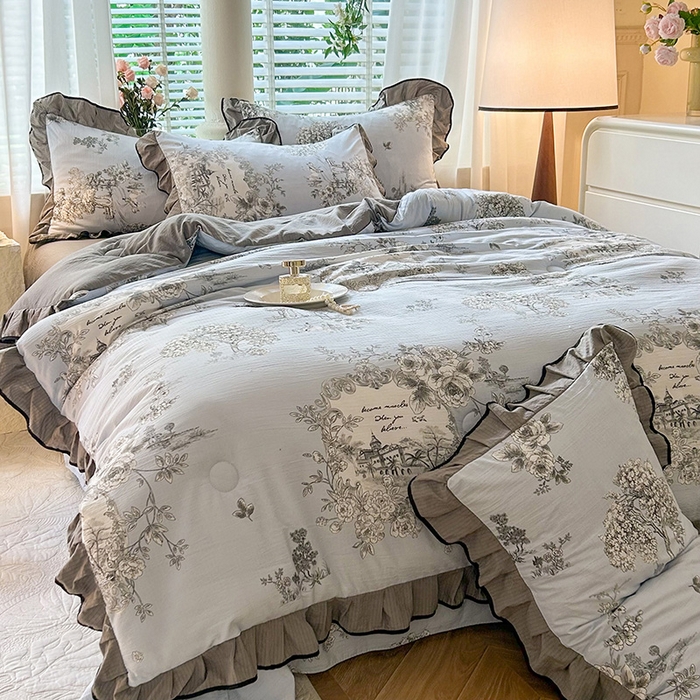 91家纺网 家纺一手货源 找家纺 韩约家纺 2025新款1针织棉皱皱纱床单款夏凉被春秋被冬被四件套 巴克庄园