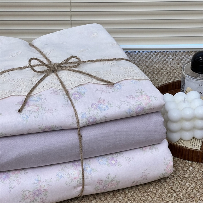 91家纺网 家纺一手货源 找家纺 2024新款全棉印花双层纱四件套--蕾丝花边款 茱丽叶