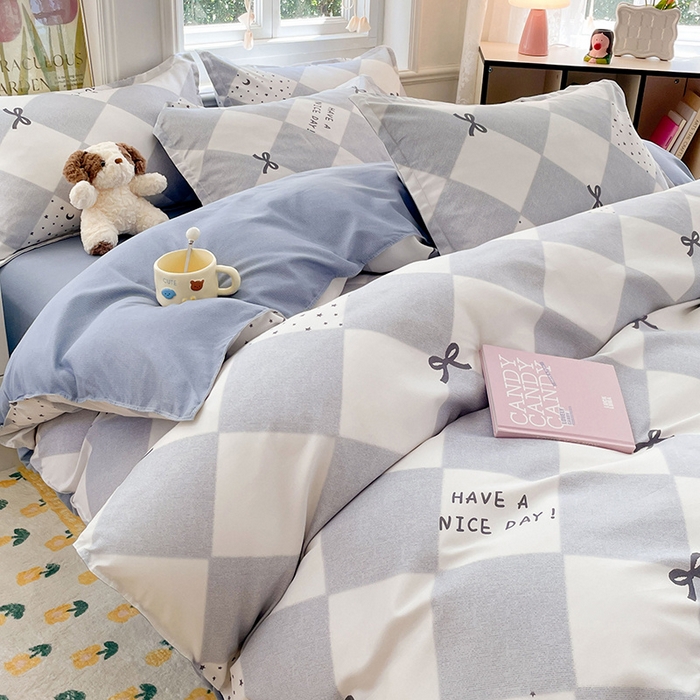 91家纺网 家纺一手货源 找家纺 世爵家纺 2025新款亲肤印花磨毛四件套 棋盘格