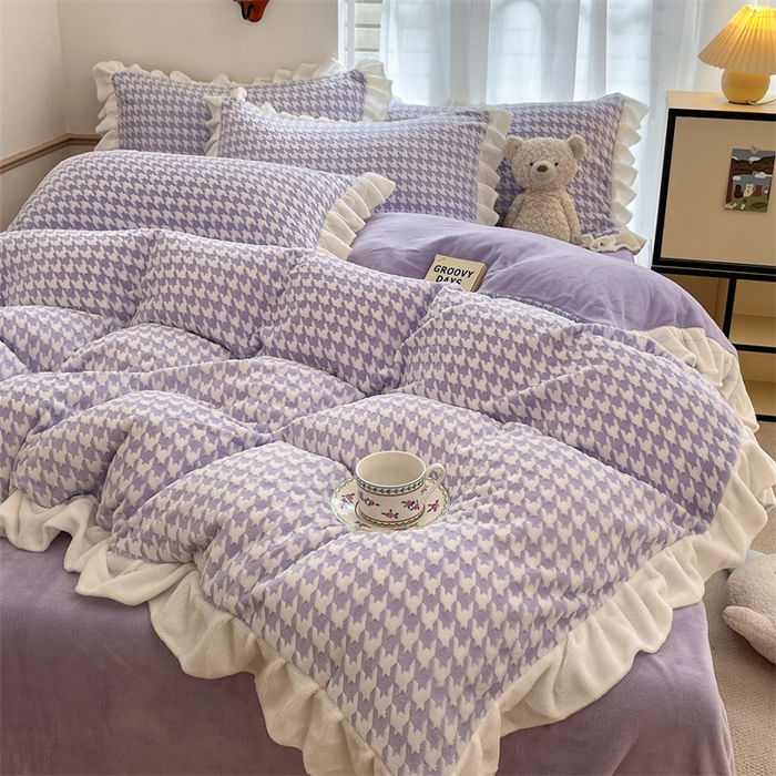 91家纺网 家纺一手货源 找家纺 星座家纺 2025新款千鸟格花边款牛奶绒四件套 千鸟格-浅紫