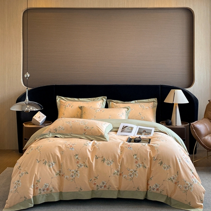 91家纺网 家纺一手货源 找家纺 慕晨 2024新款A类全棉贡缎磨毛数码印花高级宽边简奢款中高端四件套直播爆款 朵媞-桔