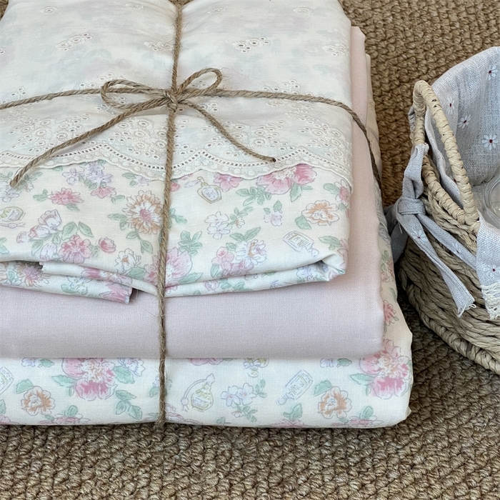 91家纺网 家纺一手货源 找家纺 2024新款全棉印花双层纱四件套--蕾丝花边款 栗馥