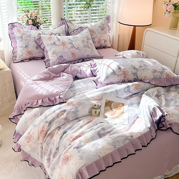 91家纺网 家纺一手货源 找家纺 韩约家纺 2025新款1针织棉皱皱纱床单款夏凉被春秋被冬被四件套 花序