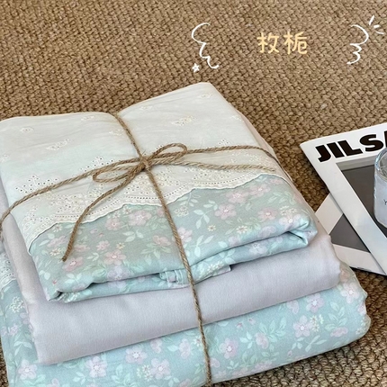 91家纺网 家纺一手货源 找家纺 （总）2024新款全棉印花双层纱四件套--蕾丝花边款