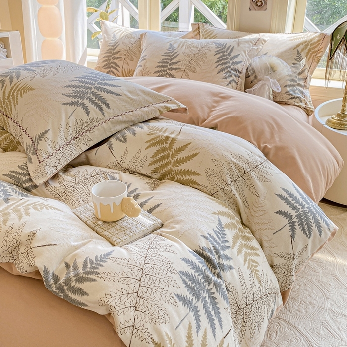 91家纺网 家纺一手货源 找家纺 宜家坊 2024秋冬新款全棉超柔加厚生态磨毛四件套 叶语柔情