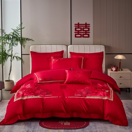 91家纺网 家纺一手货源 找家纺 （总）2025新款长绒棉长绒棉贡缎提花款新中式古典韵味精美刺绣婚庆四件套多件套