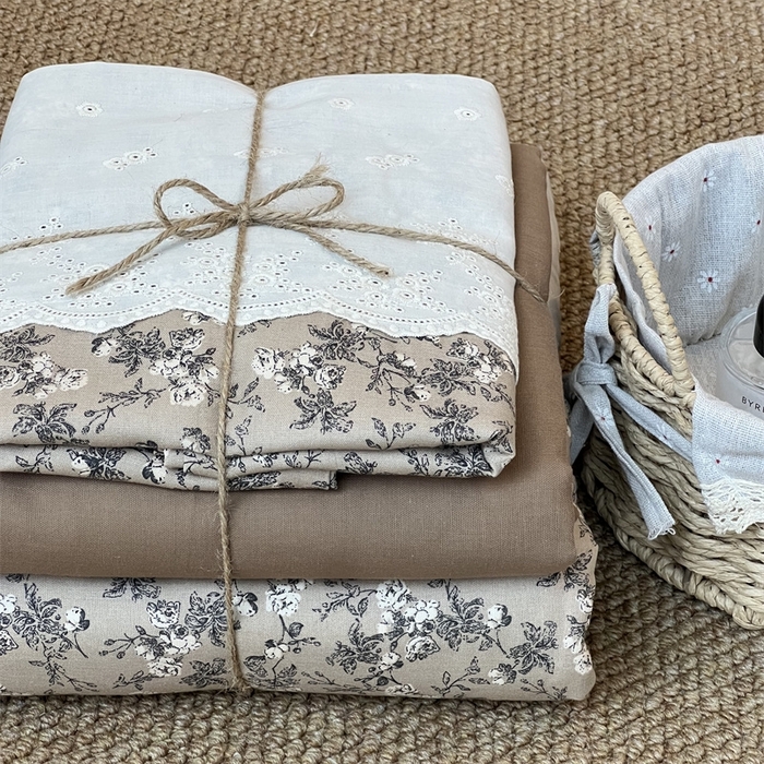 91家纺网 家纺一手货源 找家纺 2024新款全棉印花双层纱四件套--蕾丝花边款 美式