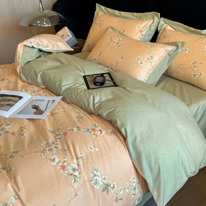 91家纺网 家纺一手货源 找家纺 慕晨 2024新款A类全棉贡缎磨毛数码印花高级宽边简奢款中高端四件套直播爆款 朵媞-桔