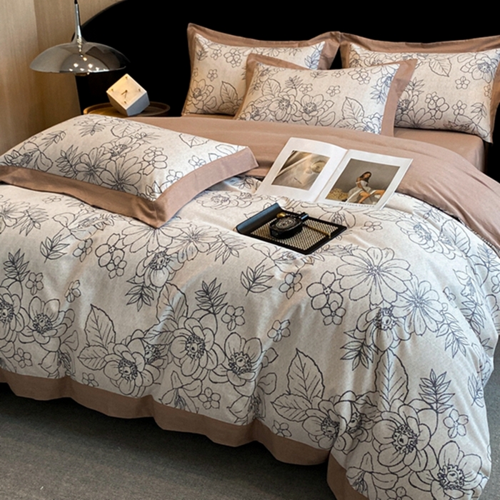 91家纺网 家纺一手货源 找家纺 慕晨 2024新款A类全棉贡缎磨毛数码印花高级宽边简奢款中高端四件套直播爆款 茉娜