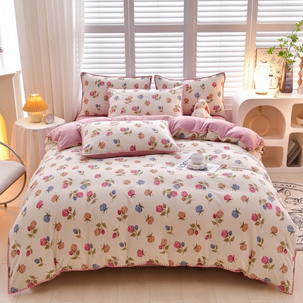 菡宝 2024新款高克重印花贝壳边牛奶绒四件套 小玫瑰