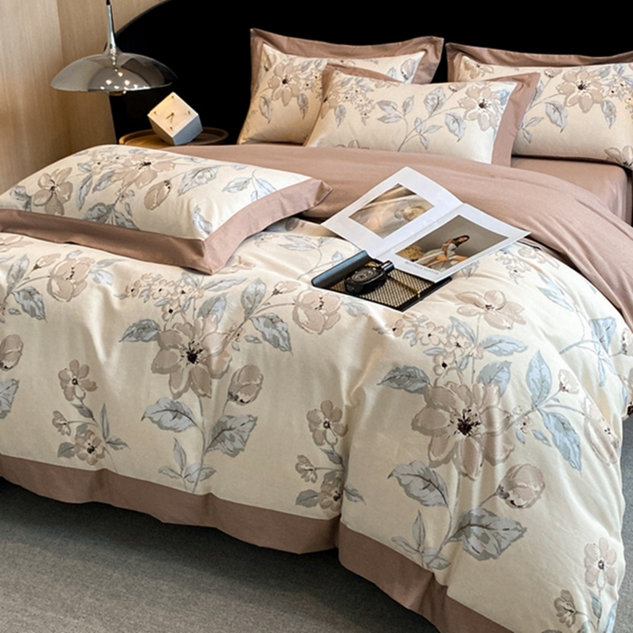 91家纺网 家纺一手货源 找家纺 慕晨 2024新款A类全棉贡缎磨毛数码印花高级宽边简奢款中高端四件套直播爆款 山竹月