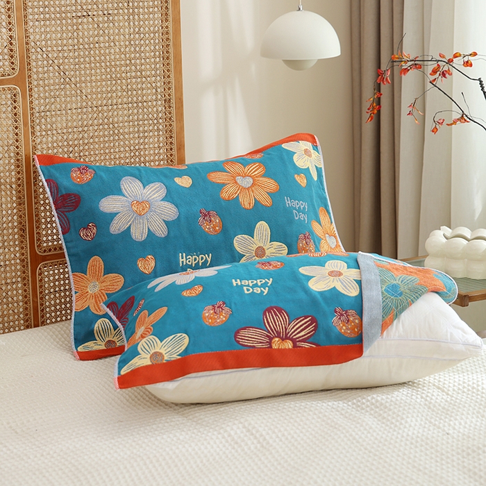 91家纺网 家纺一手货源 找家纺 朴尔家纺-毛巾被 2024新款色织定位提花纯棉四层纱布枕巾 花开忘忧-蓝