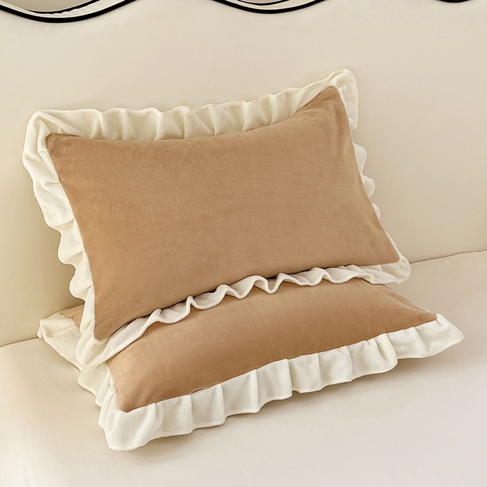 91家纺网 家纺一手货源 找家纺 梦舒羽 2025新款牛奶绒花枕套边单人宿舍法兰绒枕头套珊瑚绒枕芯套 暖咖