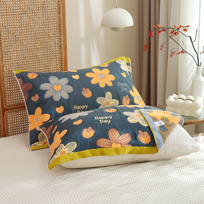 91家纺网 家纺一手货源 找家纺 朴尔家纺-毛巾被 2024新款色织定位提花纯棉四层纱布枕巾 花开忘忧-藏青