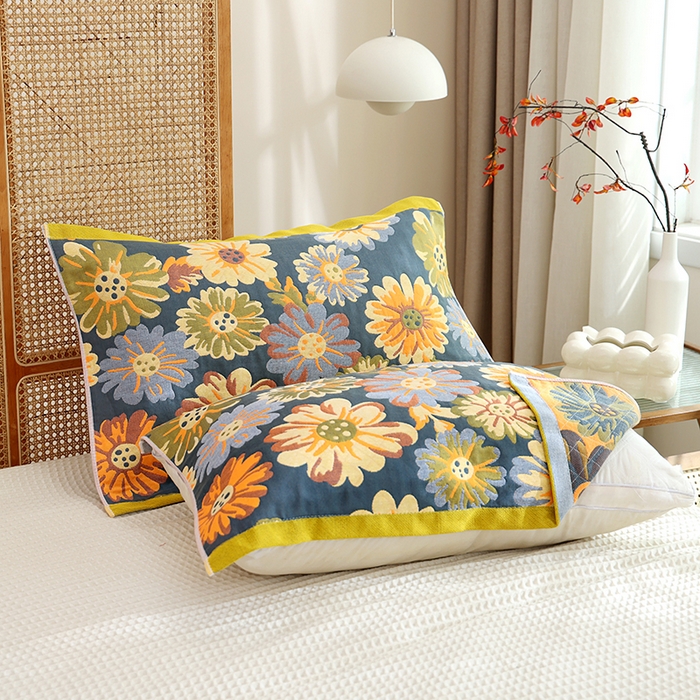 91家纺网 家纺一手货源 找家纺 朴尔家纺-毛巾被 2024新款色织定位提花纯棉四层纱布枕巾 油画花园-藏青