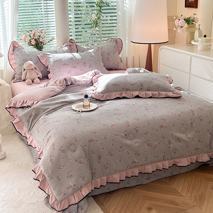 91家纺网 家纺一手货源 找家纺 韩约家纺 2025新款1针织棉皱皱纱床单款夏凉被春秋被冬被四件套 沉香