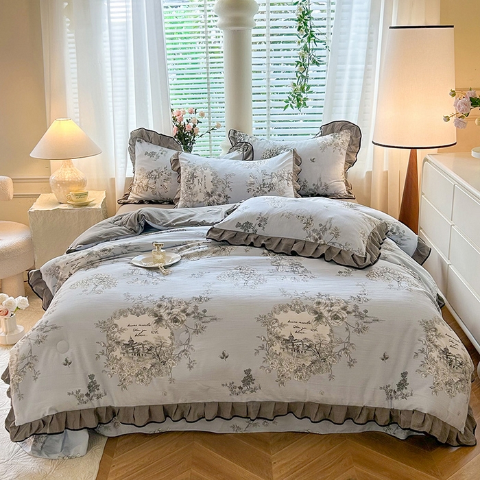 91家纺网 家纺一手货源 找家纺 韩约家纺 2025新款1针织棉皱皱纱床单款夏凉被春秋被冬被四件套 巴克庄园