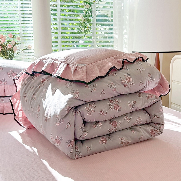 91家纺网 家纺一手货源 找家纺 韩约家纺 2025新款1针织棉皱皱纱床单款夏凉被春秋被冬被四件套 沉香