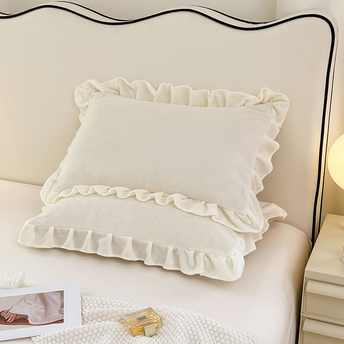 91家纺网 家纺一手货源 找家纺 梦舒羽 2025新款牛奶绒花枕套边单人宿舍法兰绒枕头套珊瑚绒枕芯套 奶白