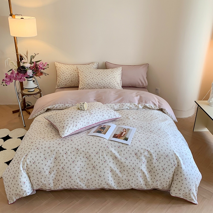 91家纺网 家纺一手货源 找家纺 2024秋冬新款全棉印花嵌绳款小清新四件套 采薇