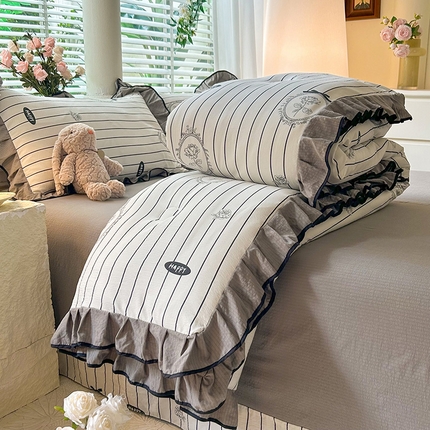 91家纺网 家纺一手货源 找家纺 韩约家纺 2025新款1针织棉皱皱纱床单款夏凉被春秋被冬被四件套 曼静