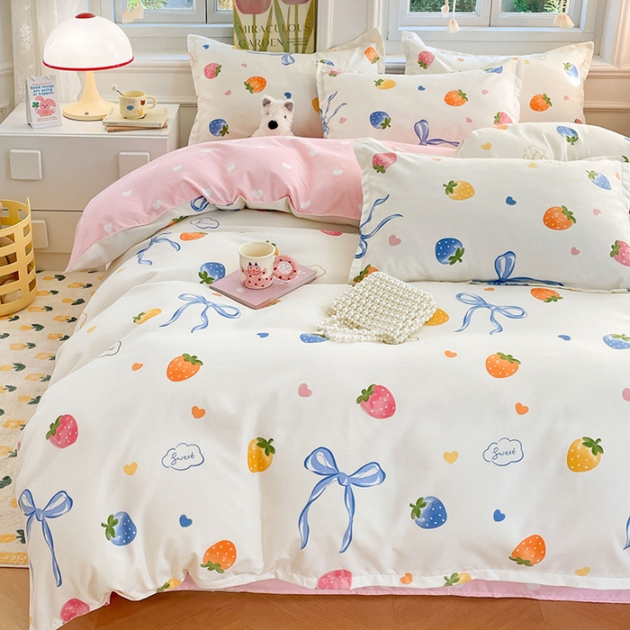 91家纺网 家纺一手货源 找家纺 世爵家纺 2025新款亲肤印花磨毛四件套 奶油草莓