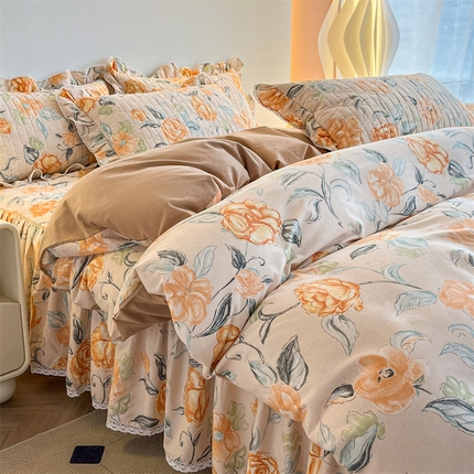 91家纺网 家纺一手货源 找家纺 缦彩 （支持一件定制）2024新款全棉夹棉加厚公主风磨毛床裙款四件套纯棉床罩床笠套件 苏菲庄园-桔