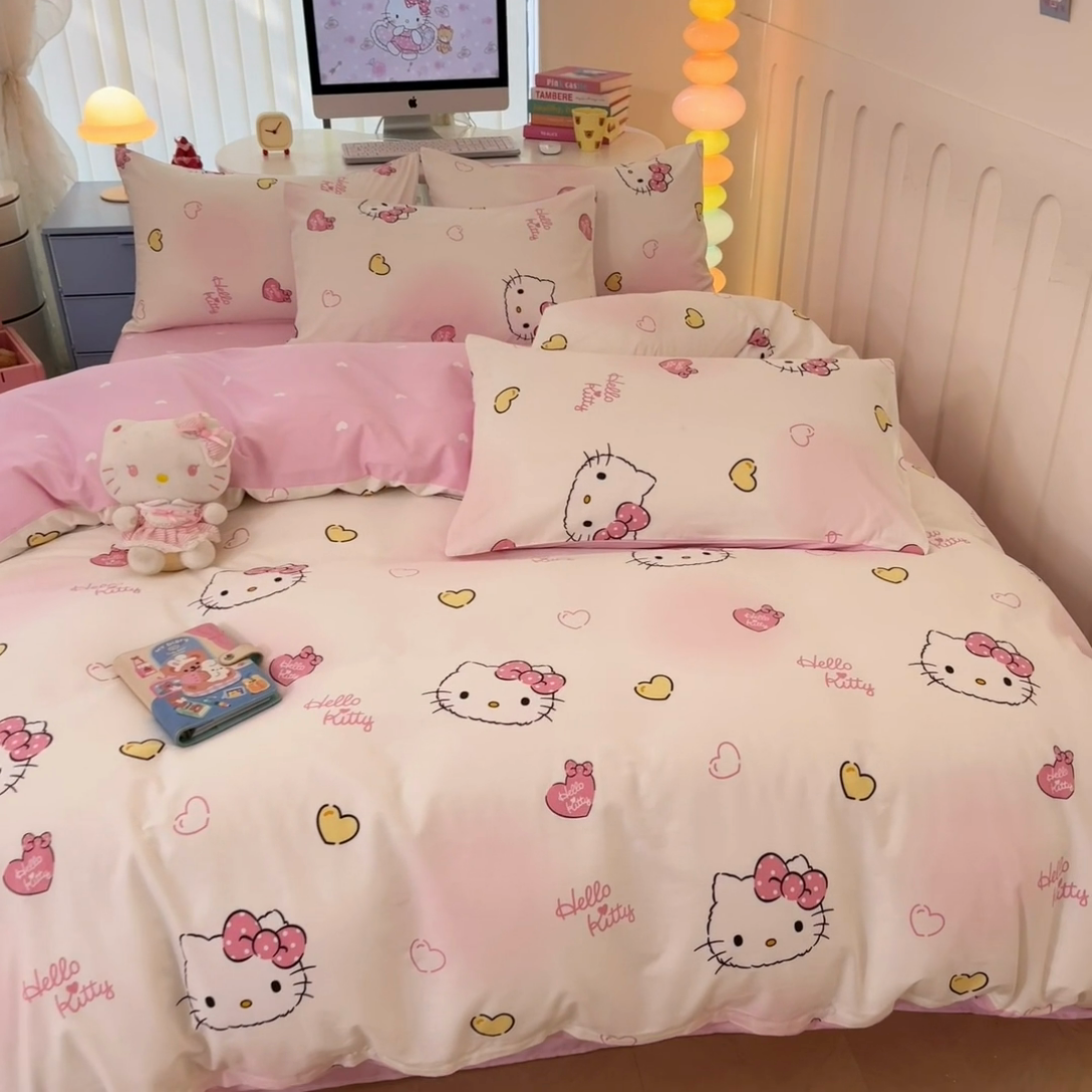 91家纺网 家纺一手货源 找家纺 曼之夏 2024新款全棉三丽鸥卡通四件套 少女凯蒂