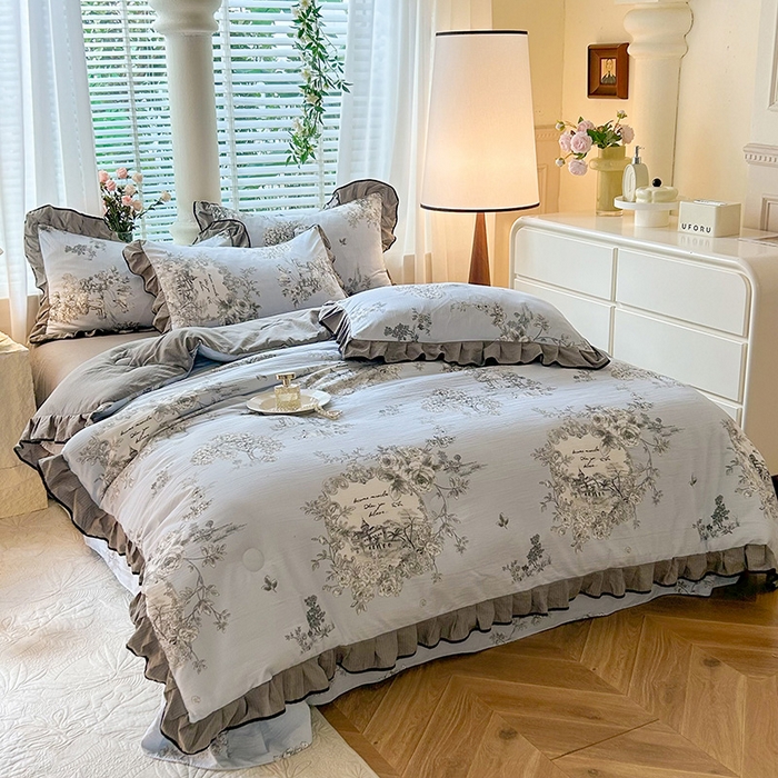 91家纺网 家纺一手货源 找家纺 韩约家纺 2025新款1针织棉皱皱纱床单款夏凉被春秋被冬被四件套 巴克庄园