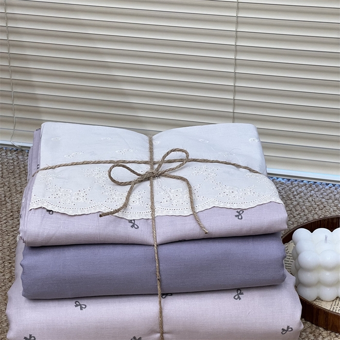 91家纺网 家纺一手货源 找家纺 2024新款全棉印花双层纱四件套--蕾丝花边款 蝴蝶可颂 紫