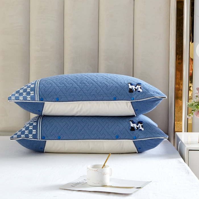 91家纺网 家纺一手货源 找家纺 朴尔家纺-毛巾被 2024新款纱布毛巾绣花素色半包枕套枕巾 绣花半包枕套-浅蓝